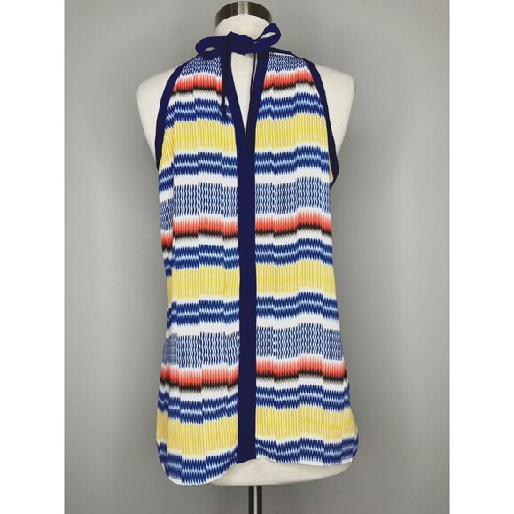 Vince Camuto Top Women Petite Small Navy Yellow White Geometric Neck Tie - Picture 7 of 8